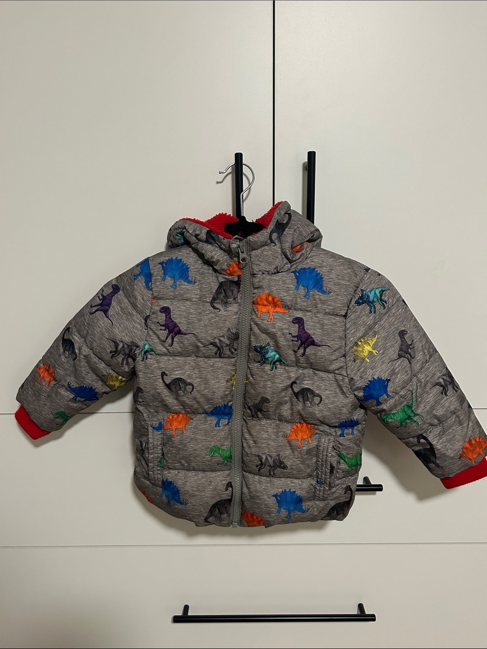 Swiss Tech Grey Puffer Jacket with Colorful Dinosaur Print